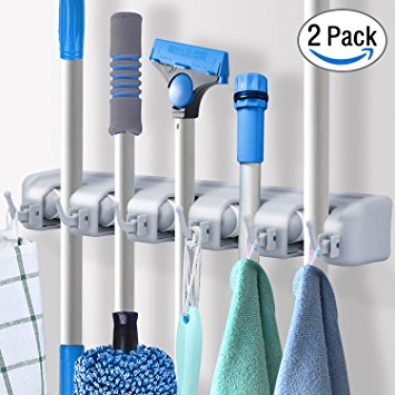Pack of 2 Mop and Broom Holder Wall Mount Storage with 6 Foldable Hooks, Heavy Duty Garage & Garden Tools Hanger Rack, Commercial Kitchen Closet Wall Organizer by DealBang (18 Months Warranty)