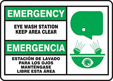 Accuform SBMFSD928MVP Plastic Spanish Bilingual Sign, Legend "EMERGENCY EYE WASH STATION KEEP AREA CLEAR/EMERGENCIA ESTACION DE LAVADO PARA LOS OJOS MANTENGASE LIBRE ESTA AREA" with Graphic, 7" Length x 10" Width x 0.055" Thickness, Green/Black on White