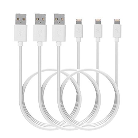 Pack of 3 MFi Certified 2M 6ft Lightning Cable Sync Charging USB Cord Charger Lead for iPhone 7 Plus 7 6 6s Plus 5s 5c 5, iPad Air 2 Mini 4 Pro iPod White