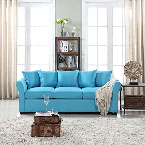 Classic and Traditional Ultra Comfortable Linen Fabric Sofa - Living Room Fabric Couch (Sky Blue)