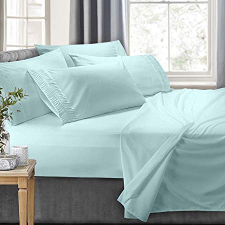 Clara Clark 6-Piece 100% Soft Brushed Microfiber Bedding Set Luxury Pleated Pillowcases, Cool & Breathable, 6 PC Sheets, King, Aqua