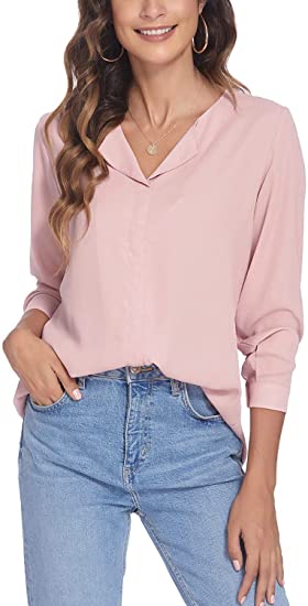 ACEVOG Women Chiffon Blouses Long Sleeve Collared Tops Casual Lapel V Neck Work Blouse Tops S-XXL