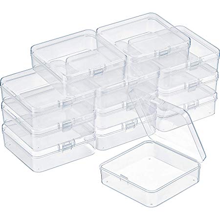 SATINIOR 12 Pack Small Rectangle Clear Plastic Containers Box with Hinged Lid Bead Storage Box Case (3.3 x 3.3 x 1.2 Inch)