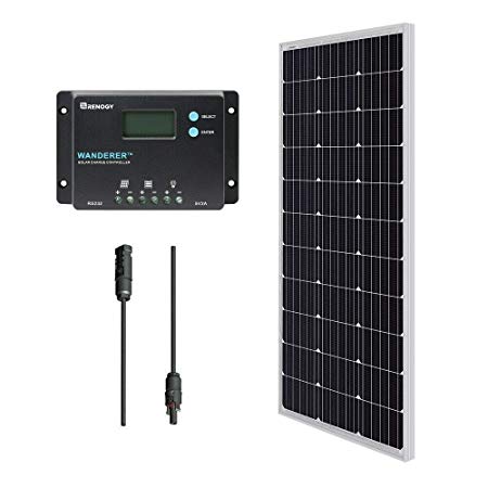 Renogy RNG-KIT-BUNDLE100D-WND10 100W Monocrystalline Bundle Kit Solar Panel, Mono with Wanderer 10A, Black