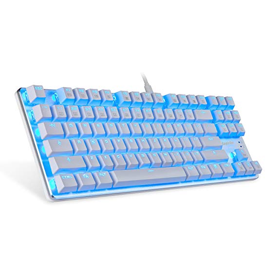 EagleTec KG061-BR Blue LED Backlit Mechanical Gaming Keyboard, Low Profile 87 Key USB Keyboard with Quiet Cherry Brown Switches for PC Gamer - (White)