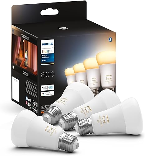 Philips Hue NEW White Ambiance Smart Light Bulb 4 Pack 60W - 800 Lumen [E27 Edison Screw] With Bluetooth. Works with Alexa, Google Assistant and Apple Homekit.