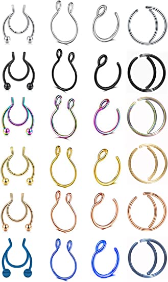 24Pcs 20G Septum Nose Hoop Rings Stainless Steel Faux Lip Ear Nose Face Non Piercing Clip Hoops
