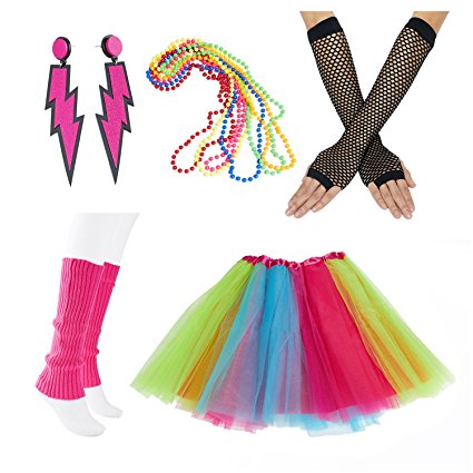 80s Fancy Outfit Costume Accessories Set,Adult Tutu Skirt,Leg Warmers,Fishnet Gloves,Neon Earrings and Neon Beads
