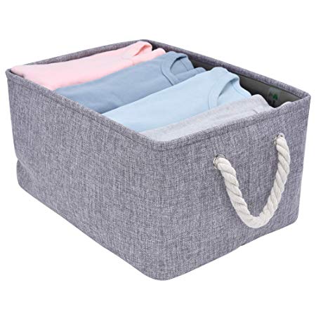 StorageWorks Rectangular Basket, Foldable Storage Bin with Rope Handles for Babies Nursery Toys Organizer, Canvas Linen, Gray, 1-Pack