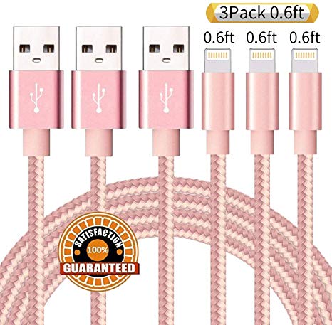 Suanna Phone Charger 3Pack 0.6FT Extra Long Nylon Braided USB Charging & Syncing Cord Compatible Phone Xs/Max/XR/X/8/8Plus/7/7Plus/6S/6S Plus/SE/Pad/Nan -Pink
