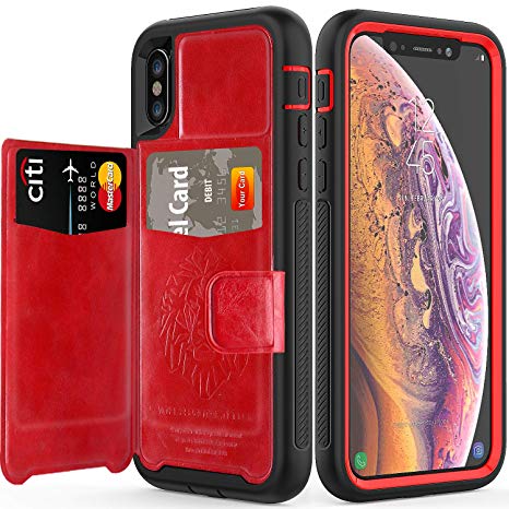 iPhone Xs Case with Card Holders,SXTech (Leather Case Series) Slim Yet Protective with Kickstand.Built-in Magnetic Backing and Shorkproof Cover Fit for Apple iPhone X iPhone 10 Wallet Case-Red