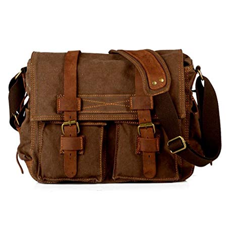 Laptop Bag 14.5 inch Mens Vintage Casual Canvas Messenger Bag Men's Military Leather Canvas Travel Briefcase Crossbody Satchel Shoulder School Bag for Notebook Laptop (Coffe)