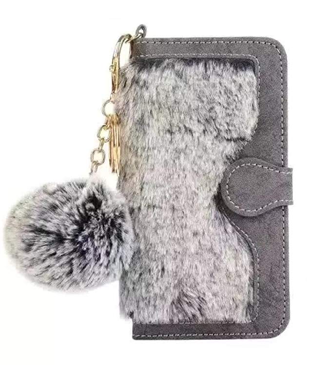 Losin Plush Wallet Compatible with iPhone 7 Plus / iPhone 8 Plus 5.5 Inch Fashion Fluffy Rex Rabbit Fur Wallet Flip Plush Ball PU Leather Case