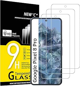 NEW'C 3 Piezas, Protector Pantalla para Google Pixel 8 Pro, Cristal templado Antiarañazos, Antihuellas, Sin Burbujas, Dureza 9H, 0.33 mm Ultra Transparente, Ultra Resistente