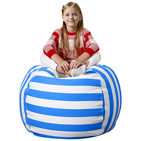 Aubliss Stuffed Animal Bean Bag Storage Chair, Beanbag Covers Only for Organizing Plush Toys, Turns into Bean Bag Seat for Kids When Filled, Premium Cotton Canvas, 38" Extra Large Blue/White Striped