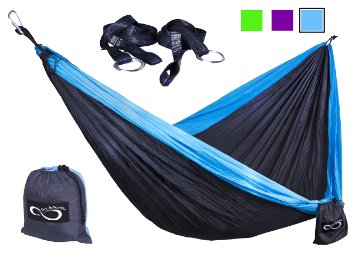 Double Outdoor Camping Hammocks - Weather Resistant Lightweight Parachute Nylon- Includes Stretch Resistant Tree Strap Suspension System Making These Perfect for Travel, Hiking or Backpacking- (Indoor/Outdoors Hammock Hanging Kit Sold Separately)
