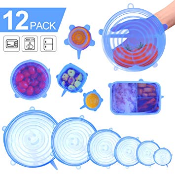 Silicone Stretch Lids, 12 Pack to Keeping Food Fresh, Reusable, Durable and Expandable to Fit Various Sizes for Bowl Covers, Cups, Canned, Pots and Pans in Dishwasher, Microwave and Freezer