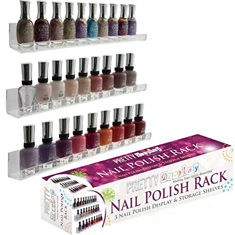 Nail Polish Rack for Wall Mount by Pretty Display. Includes 3 Solid Shelves in Strong, Premium Quality Acrylic. Holds 45 Bottles. Perfect for Salons & Home Use.