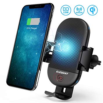 Wireless Car Charger Mount,ELEGIANT 15W/10W/7.5W Infrared Induction Automatic Clamping Air Vent Phone Holder Compatible with iPhone XS/XS Max/XR/X/8/8 plus Galaxy S7/S8/S9 and all Qi Capable Devices