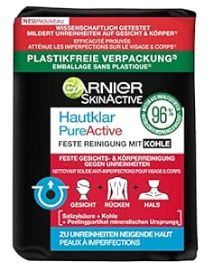 Garnier feste Reinigung, plastikfrei, mit Kohle & Salicylsäure für unreine Haut, mildert Hautunreinheiten in nur einer Woche, SkinActive, Hautklar, 100g