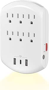 BN-LINK Outlet Extender, Multi Plug Outlets with 6 Outlets 3 USB Ports (3.4A Total), Dusk-to-Dawn Sensor Night Light, Outlet Splitter with Top Phone Holder, for Traveling, Home, School, Office