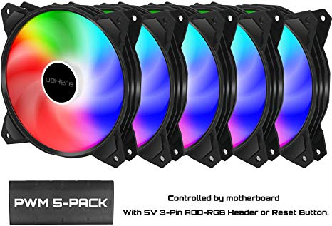 upHere PF1207-5 120mm 5V 3PIN Addressable RGB Fan Motherboard Sync, Adjustable Colorful LED Fans with Controller,5x120mm PWM Fans