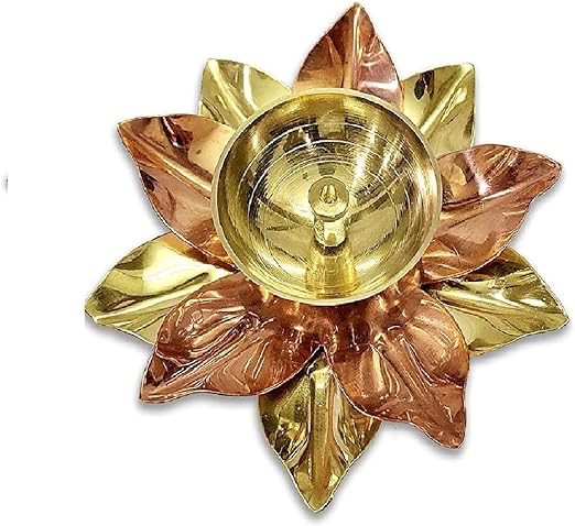 Craftsman Brass Copper Lotus Flower Petals Kamal Shape Metal Akand Diya for Traditional Indian Festive Diwali Deepawali Puja Pooja Dia Home Temple Decoration Oil Lamp Gift Items