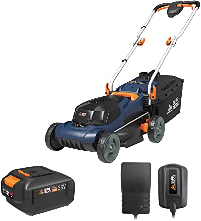 BLUE RIDGE BR8761 36V Lithium-Ion Cordless 34cm Lawn Mower,1pc 36V 2.0Ah Li-Ion battery pack with Power Level Indicator,up to 200m²,6-Stage(20-70mm) Cut Height Adjustment