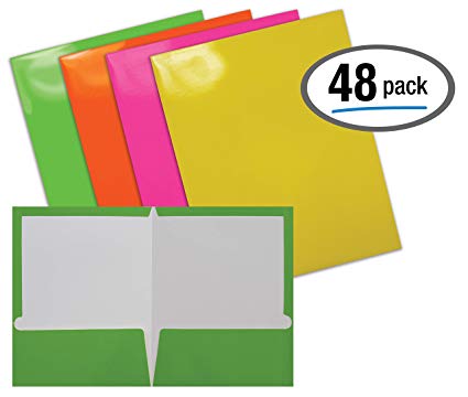 2 Pocket Glossy Laminated Neon Paper Folders, Letter Size, Neon Paper Portfolios by Better Office Products, Box of 48-4 NEON Colors