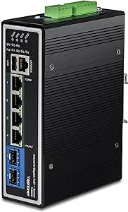 TRENDnet 6-Port Industrial Gigabit L2  Managed PoE   DIN Rail Switch, 4 x Gigabit PoE   Ports, DIN-Rail Mount, 2 x SFP Slots, IP30, VLAN, QoS, LACP, Bandwidth Management, ERPS, Black, TI-BG62i