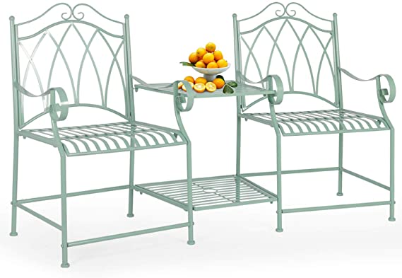 LAZZO 61" Patio Garden Chair, Tete-a-Tete Porch Bench with Umbrella Hole Table, Iron Frame Bistro Set for 2 Person, Hold up to 220lb of Each Chair, Best Used Inside or Under Covered Area, Mint Green