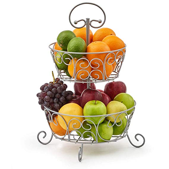 EZOWare 2-Tier Fruit Bowl Stand, Round Kitchen Produce Countertop Display Holder - Storage Organiser for Fruits Veggies Snacks Household Items - Silver Metal