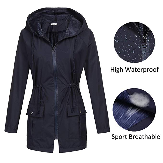 BEAUTEINE Womens' Waterproof Raincoat Lightweight Rainjacket Outwear Hooded Running Windbreaker