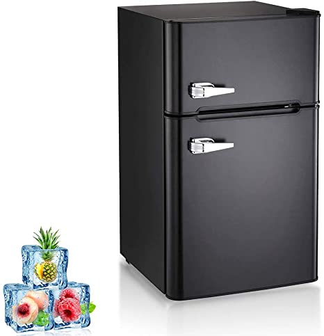 Kismile Double Door 3.2 Cu.ft Compact Refrigerator with Top Door Freezer,Freestanding mini Fridge with Adjustable Temperature,Upright Freezer for Apartment,Home,Office,Dorm or RV (Black, 3.2 Cu.ft)