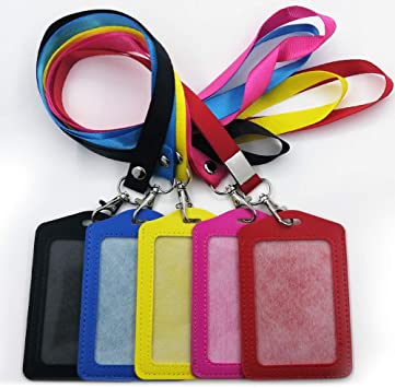 5 Pack Vertical Leather ID Card Badge Holders, 1 Clear ID Window, with Detachable badge Lanyard for Office School ID, Credit Cards, Driver Licence