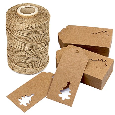 300 Feet Jute Twine and 100PCS Kraft Paper Gift Tags with Hollow Christmas Tree Design for Christmas Birthday Wedding & Price Tags Lables by Blisstime