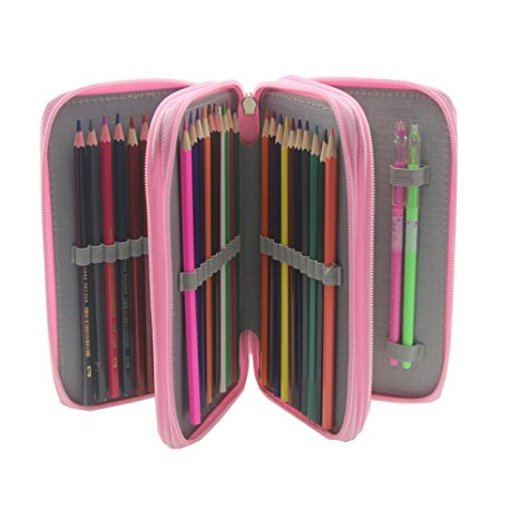 Pshine Large 48 Slots Colored Pencil holder- Pencil Case-Pencil bag-Pencil pouch-Pencil wrap with Zipper (Pink)