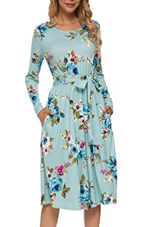 levaca Women's Flowy Striped Long Sleeve Pocket Modest Work Midi Dress with Belt