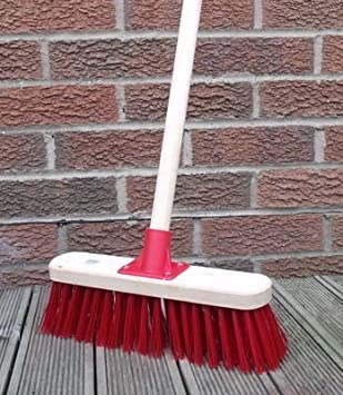 Stiff Sweeping Yard Brush 12" Red PVC Hard Broom with Handle Outdoor Stable