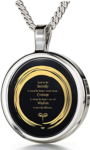 Serenity Prayer Necklace for Men or Women Inspirational Zen Circle Symbolic Pendant Inscribed in 24k Gold with Inspiring Message of Hope onto Round Black Onyx Gemstone, 18" Chain