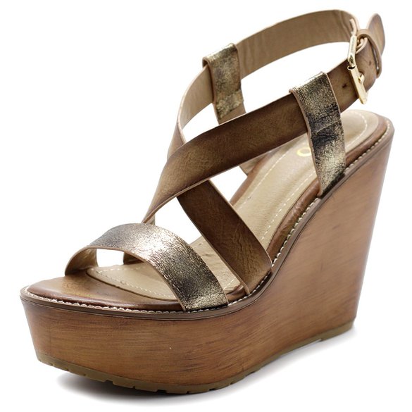 Ollio Womens Shoe Vintage Burnish Wedge Cross Strap Sandal