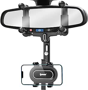 IPOW Large Rearview Mirror Phone Holder for Car 360°Rotatable and Retractable, 2023 Upgraded Four Corners Fixed Anti-Shake Multifunctional Design for All Phones and All Car Rearview Mirror with Button