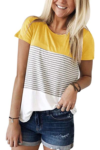 SMALOVY Women's Triple Color Block Stripe T Shirt Short Sleeve Casual Loose Fit Tee