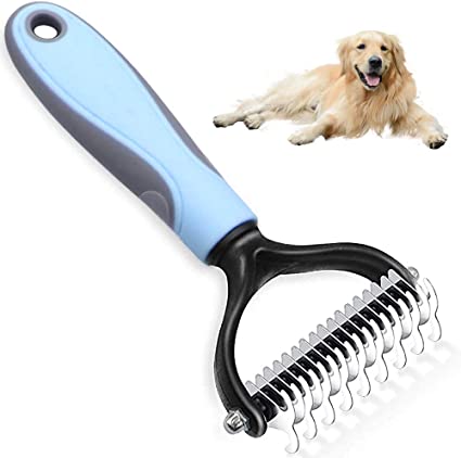 Aeska Pet Grooming Tool Dematting Comb for Dogs& Cats, [Safety] [Anti-slip] 2 Sided Skin-care Pet Supplies Tool for Dogs Cats Undercoat Rake for Easy Mats &Tangles Removing (Blue)