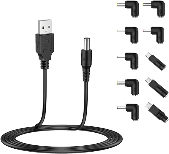 Cable de alimentación USB de 5 V, Cable de Carga Universal 5,5 x 2,1mm con 10 Conectores(5,5 x 2,5, 4,8 x 1,7, 4,0 x 1,7, 4,0 x 1,35, 3,5 x 1,35, 3,0 x 1. 1, 2.5x0.7, Micro USB, Tipo-C, Mini USB) 5FT