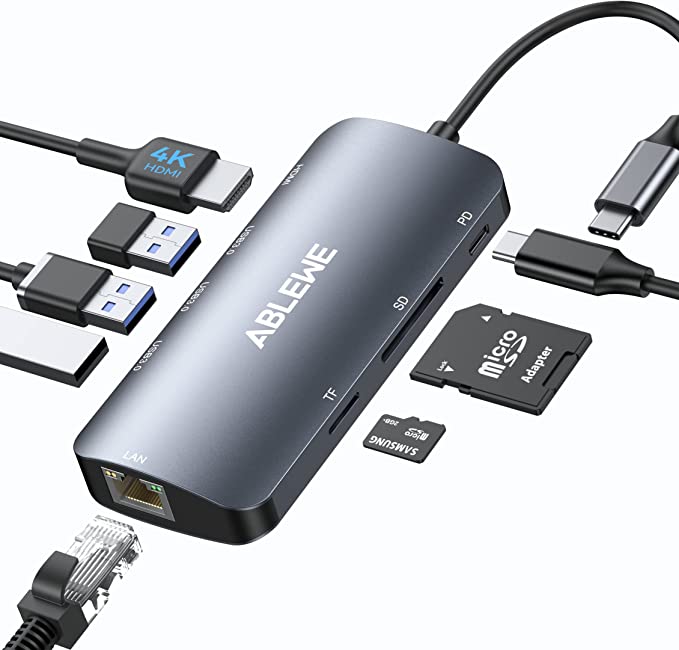 USB C Hub Multiport Adapter, ABLEWE 8-in-1 USB-C Hub with 4K@60Hz HDMI, 1Gbps Ethernet, 100W PD, SD/TF Card Reader, 3 USB 3.0 Ports Docking Station Compatible for MacBook Pro/Air/iPad Pro/XPS