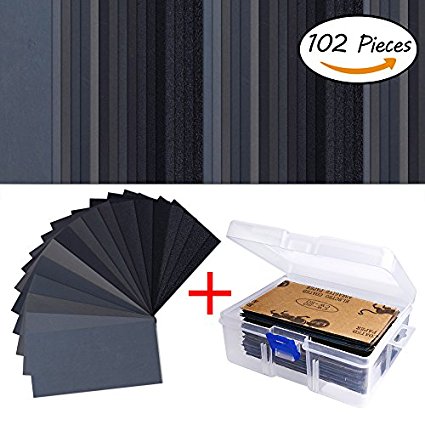 102 Pieces Sandpaper Assorted Wet/ Dry, 60 to 3000 Grit Sandpaper Assortment, 3 x 5.5 Inch Abrasive Paper Sheet with Free Box, for Automotive Sanding, Wood Furniture Finishing