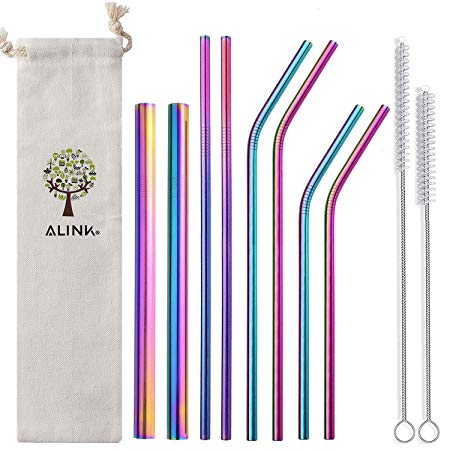 ALINK Rainbow Reusable Stainless Steel Metal Straws 9'',10.5" Drinking Straws Reusable 8 Set,12mm for Boba Tea ,Smoothie,6mm Wide for Yeti, RTIC, Starbucks Jars, Mason Tumblers(4 Straight 4 Bent  2 Brushes 1 bag)