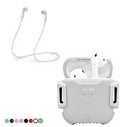 Deke Compatible Apple airpods Wireless Bluetooth Earbuds case. Airpod Buds Cases Full Protective Cover Portable Bud Silicone Skin with Anti-Lost Hooks/Strap. Airbuds Skins Set. Audifonos (W. White)