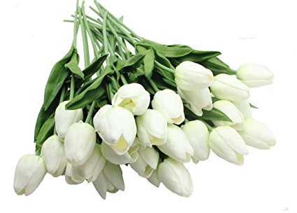 10-heads Home Deocr Mini Tulip Real Touch Tulip Artificial Flowers Bouquets (white) by En Ge